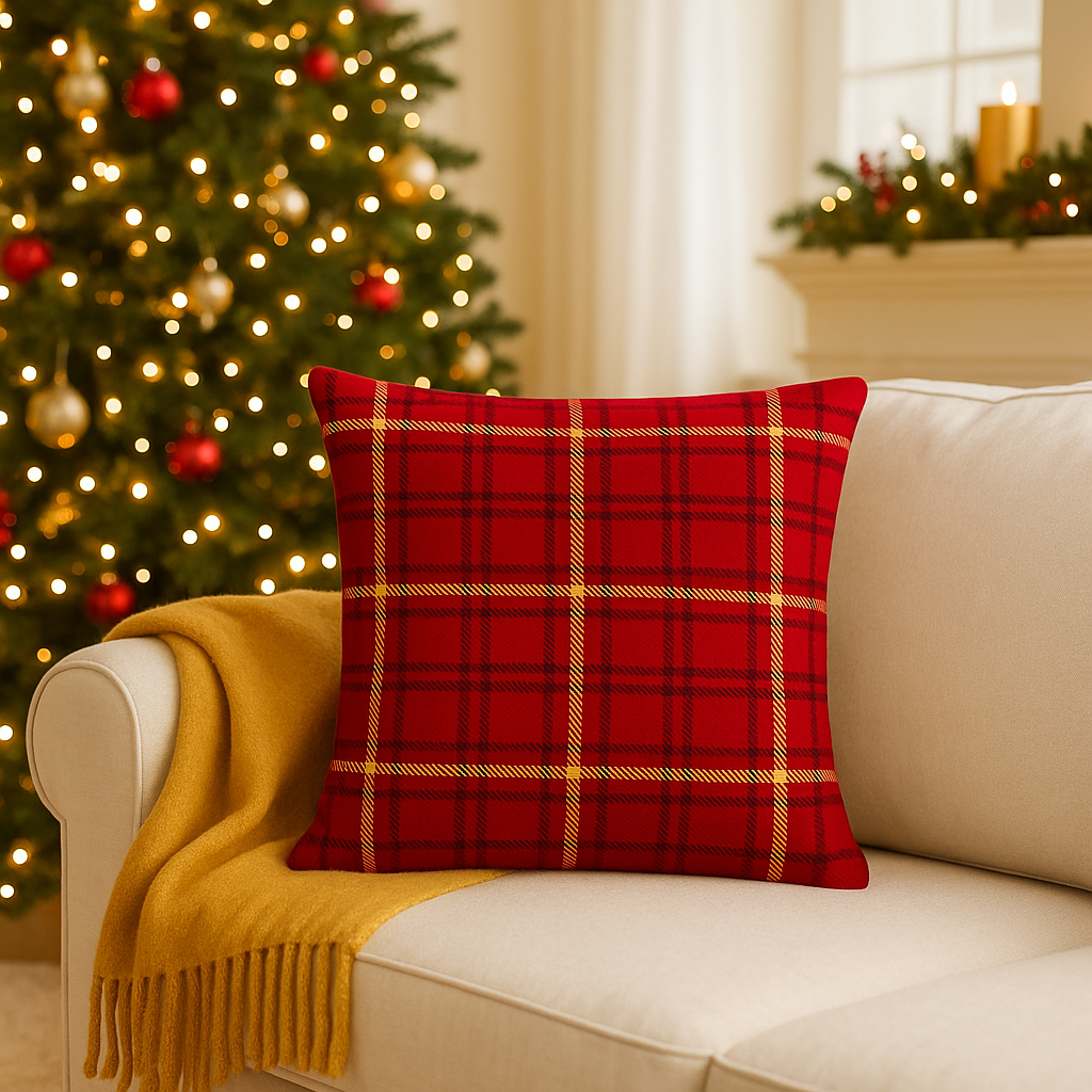 Classic Red & Gold Plaid Pillow